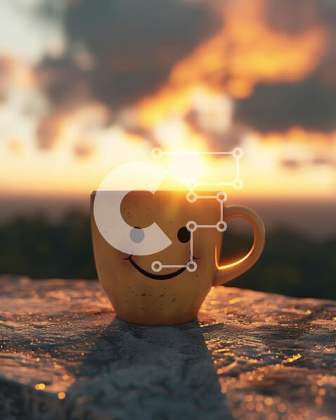 Intra Συλλεκτικό Ξύλινο Παζλ Plywood  4mm - Χαμογελώντας φλιτζάνι καφέ σε εξωτερικό πέτρινο τοίχο με ηλιοβασίλεμα Σε Ξύλινο Κουτί - Διαστάσεις: 10x10 cm – 25 κομμάτια