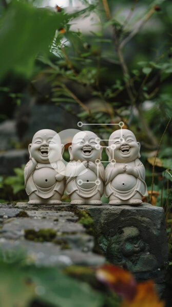 Intra Συλλεκτικό Ξύλινο Παζλ Plywood  4mm - Τρία χαμογελαστά αγάλματα του Βούδα σε βράχους με πράσινα φυτά Σε Ξύλινο Κουτί - Διαστάσεις Puzzle: 10x10 cm – 25 κομμάτια