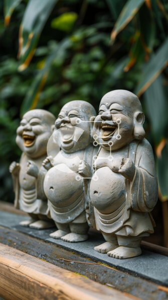 Intra Συλλεκτικό Ξύλινο Παζλ Plywood  4mm - Τρία χαμογελαστά αγάλματα του Βούδα στον ξύλινο πάγκο Σε Ξύλινο Κουτί - Διαστάσεις Puzzle: 10x10 cm – 25 κομμάτια