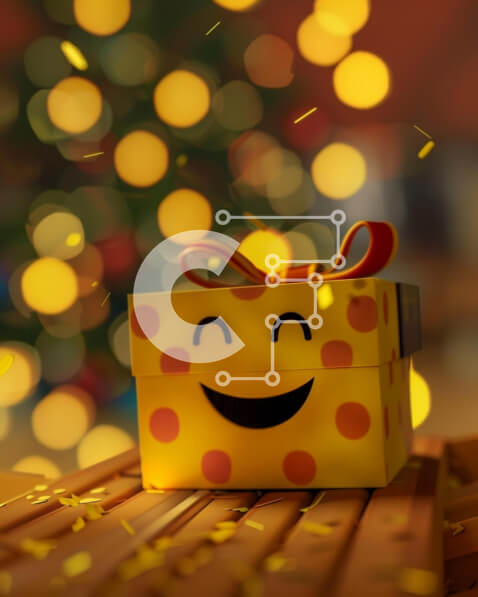 Intra Συλλεκτικό Ξύλινο Παζλ Plywood  4mm - Χριστουγεννιάτικο κουτί δώρου με χαμογελαστό πρόσωπο σε ξύλινο τραπέζι Σε Ξύλινο Κουτί - Διαστάσεις: 10x10 cm – 25 κομμάτια