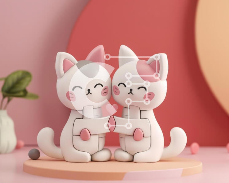 Intra Συλλεκτικό Ξύλινο Παζλ Plywood  4mm - Δύο ειδώλια γατών σε ροζ φόντο, κρατώντας τα χέρια Σε Ξύλινο Κουτί - Διαστάσεις Puzzle: 10x10 cm – 25 κομμάτια