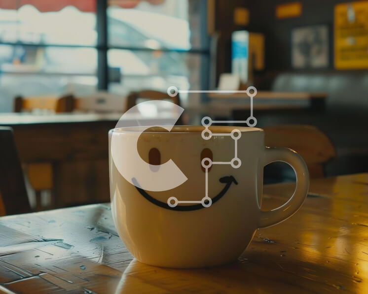 Σετ των 2 Intra Συλλεκτικό Ξύλινο Παζλ Plywood  4mm - Λευκό φλιτζάνι καφέ με ανάποδα χαμογελαστό πρόσωπο σε ξύλινο τραπέζι Σε Ξύλινο Κουτί - Διαστάσεις: 10x10 cm – 25 κομμάτια