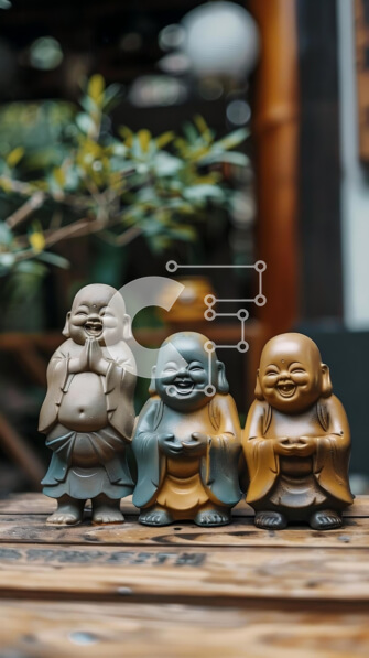 Intra Συλλεκτικό Ξύλινο Παζλ Plywood  4mm - Τρία χαμογελαστά ειδώλια του Βούδα σε ξύλινο τραπέζι Σε Ξύλινο Κουτί - Διαστάσεις: 10x10 cm – 25 κομμάτια