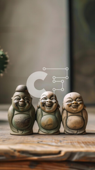 Intra Συλλεκτικό Ξύλινο Παζλ Plywood  4mm - Τρία χαμογελαστά αγάλματα του Βούδα σε ξύλινο τραπέζι Σε Ξύλινο Κουτί - Διαστάσεις Puzzle: 10x10 cm – 25 κομμάτια