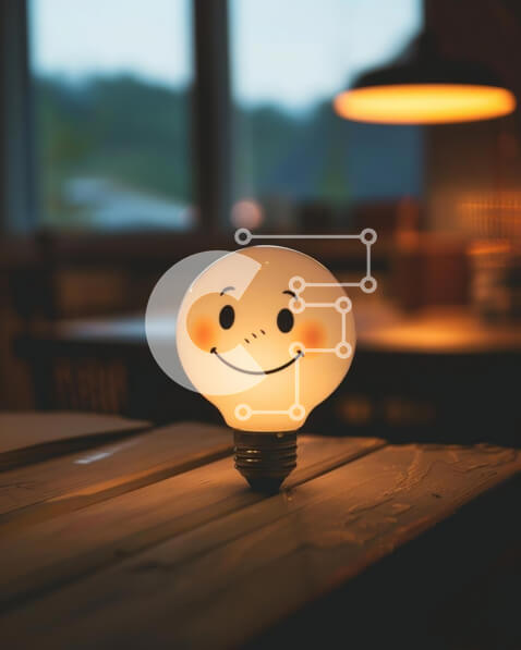 Intra Συλλεκτικό Ξύλινο Παζλ Plywood  4mm - Λάμπα Smiley Face σε ξύλινο τραπέζι σε σκοτεινό δωμάτιο Σε Ξύλινο Κουτί - Διαστάσεις: 10x10 cm – 25 κομμάτια