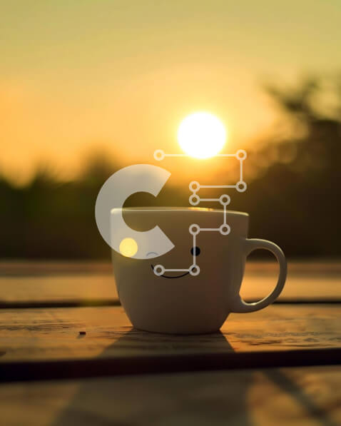 Σετ των 2 Intra Συλλεκτικό Ξύλινο Παζλ Plywood  4mm - Λευκό φλιτζάνι καφέ σε εξωτερικό ξύλινο τραπέζι με τη δύση του ήλιου Σε Ξύλινο Κουτί - Διαστάσεις: 10x10 cm – 25 κομμάτια