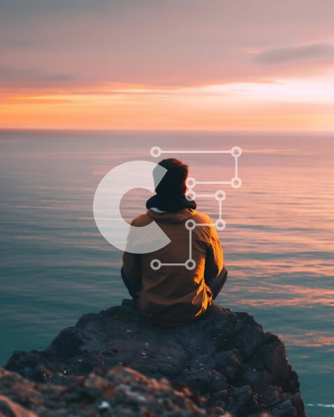 Intra Συλλεκτικό Ξύλινο Παζλ Plywood  4mm - Άνδρας που κάθεται σε γκρεμό με θέα στον ωκεανό στο ηλιοβασίλεμα Σε Ξύλινο Κουτί - Διαστάσεις: 10x10 cm – 25 κομμάτια