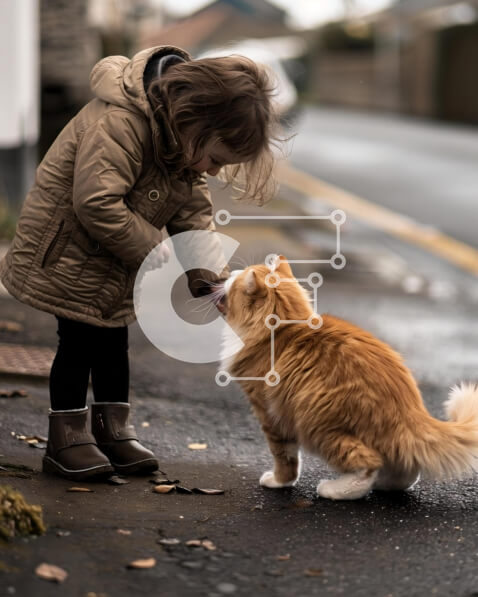 Intra Συλλεκτικό Ξύλινο Παζλ Plywood  4mm - Κορίτσι που χαϊδεύει τη γάτα στην άκρη του δρόμου Σε Ξύλινο Κουτί - Διαστάσεις: 10x10 cm – 25 κομμάτια