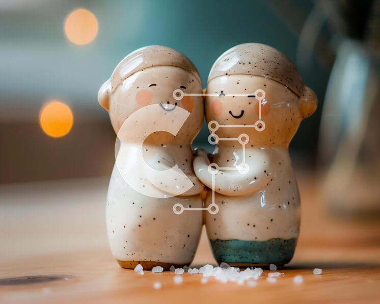 Intra Συλλεκτικό Ξύλινο Παζλ Plywood  4mm - Κεραμικές σέικερ για αλάτι και πιπέρι αγκαλιάζονται σε ξύλινο τραπέζι Σε Ξύλινο Κουτί - Διαστάσεις Puzzle: 10x10 cm – 25 κομμάτια