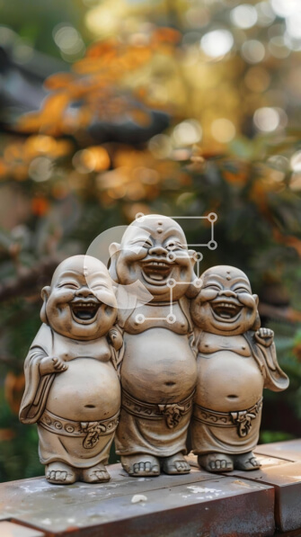 Intra Συλλεκτικό Ξύλινο Παζλ Plywood  4mm - Τρία χαμογελαστά αγάλματα του Βούδα στον ξύλινο πάγκο Σε Ξύλινο Κουτί - Διαστάσεις Puzzle: 10x10 cm – 25 κομμάτια