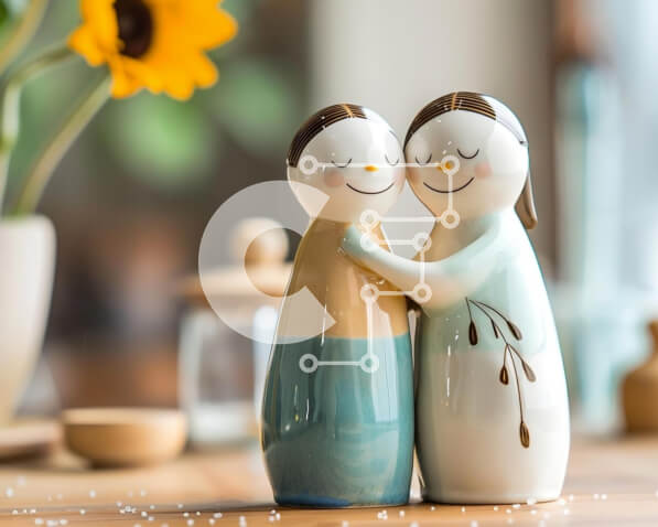 Intra Συλλεκτικό Ξύλινο Παζλ Plywood  4mm - Κεραμικά ειδώλια αγκαλιάζονται σε ξύλινο τραπέζι με βάζο και φυτά σε γλάστρες Σε Ξύλινο Κουτί - Διαστάσεις Puzzle: 10x10 cm – 25 κομμάτια