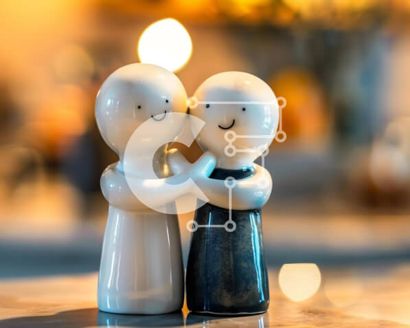 Intra Συλλεκτικό Ξύλινο Παζλ Plywood  4mm - Ρομαντικά κεραμικά ειδώλια που αγκαλιάζονται σε ένα τραπέζι Σε Ξύλινο Κουτί - Διαστάσεις Puzzle: 10x10 cm – 25 κομμάτια