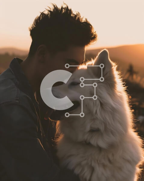 Intra Συλλεκτικό Ξύλινο Παζλ Plywood  4mm - Άνδρας που αγκαλιάζει το λευκό σκυλί στο ηλιοβασίλεμα Σε Ξύλινο Κουτί - Διαστάσεις Puzzle: 10x10 cm – 25 κομμάτια