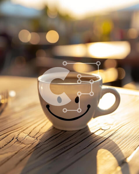 Σετ των 2 Intra Συλλεκτικό Ξύλινο Παζλ Plywood  4mm - Λευκό φλιτζάνι καφέ με πορτοκαλί χαμογελαστό πρόσωπο σε ξύλινο τραπέζι Σε Ξύλινο Κουτί - Διαστάσεις: 10x10 cm – 25 κομμάτια