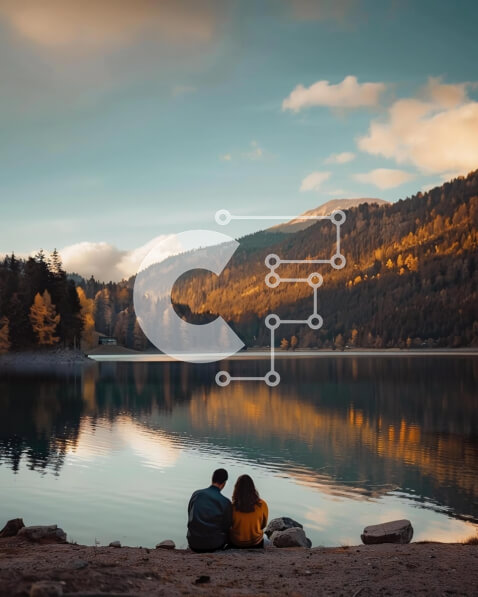 Σετ των 2 Intra Συλλεκτικό Ξύλινο Παζλ Plywood  4mm - Ζευγάρι που κάθεται δίπλα στη λίμνη με θέα στο βουνό Σε Ξύλινο Κουτί - Διαστάσεις: 10x10 cm – 25 κομμάτια