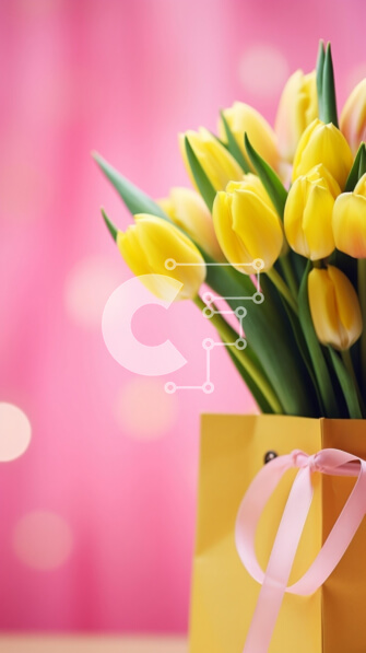 Σετ των 2 Intra Συλλεκτικό Ξύλινο Παζλ Plywood  4mm - Κίτρινες τουλίπες σε καφέ χάρτινη τσάντα Σε Ξύλινο Κουτί - Διαστάσεις: 10x10 cm – 25 κομμάτια