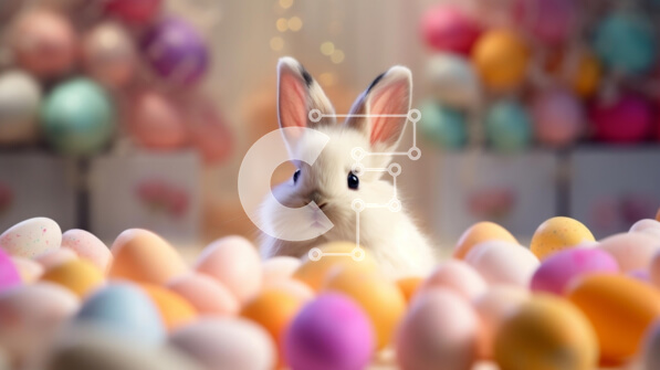 Intra Συλλεκτικό Ξύλινο Παζλ Plywood  4mm - Λευκό Λαγουδάκι που περιβάλλεται από πολύχρωμα Πασχαλινά αυγά Σε Ξύλινο Κουτί - Διαστάσεις Puzzle: 10x10 cm – 25 κομμάτια