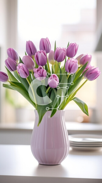 Σετ των 2 Intra Συλλεκτικό Ξύλινο Παζλ Plywood  4mm - Μωβ τουλίπες σε ροζ βάζο στο τραπέζι Σε Ξύλινο Κουτί - Διαστάσεις: 10x10 cm – 25 κομμάτια