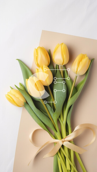 Σετ των 2 Intra Συλλεκτικό Ξύλινο Παζλ Plywood  4mm - Μπουκέτο με κίτρινες τουλίπες με πορτοκαλί κορδέλα σε μπεζ φόντο Σε Ξύλινο Κουτί - Διαστάσεις: 10x10 cm – 25 κομμάτια