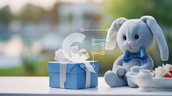 Intra Συλλεκτικό Ξύλινο Παζλ Plywood  4mm - Κουνελάκι γεμιστό με ανοιχτό μπλε κουτί δώρου Σε Ξύλινο Κουτί - Διαστάσεις: 10x10 cm – 25 κομμάτια