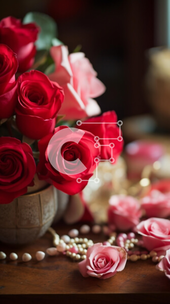 Intra Συλλεκτικό Ξύλινο Παζλ Plywood  4mm - Βάζο με κόκκινα και ροζ τριαντάφυλλα και πέρλες Σε Ξύλινο Κουτί - Διαστάσεις Puzzle: 10x10 cm – 25 κομμάτια