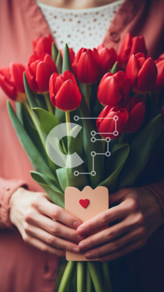 Intra Συλλεκτικό Ξύλινο Παζλ Plywood  4mm - Γυναίκα που κρατά κόκκινη ανθοδέσμη τουλίπας και κάρτα σε σχήμα καρδιάς για την ημέρα του Αγίου Βαλεντίνου Σε Ξύλινο Κουτί - Διαστάσεις: 10x10 cm – 25 κομμάτια