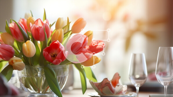 Intra Συλλεκτικό Ξύλινο Παζλ Plywood  4mm - Πολύχρωμες τουλίπες σε γυάλινο βάζο στο τραπέζι φαγητού Σε Ξύλινο Κουτί - Διαστάσεις: 10x10 cm – 25 κομμάτια