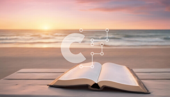 Intra Συλλεκτικό Ξύλινο Παζλ Plywood  4mm - Ανοιχτό βιβλίο σε ξύλινο τραπέζι με θέα στην παραλία Sunset Σε Ξύλινο Κουτί - Διαστάσεις Puzzle: 10x10 cm – 25 κομμάτια