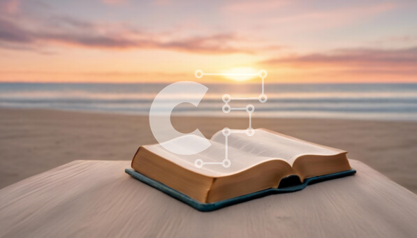 Intra Συλλεκτικό Ξύλινο Παζλ Plywood  4mm - Ανοιχτό βιβλίο σε ξύλινο τραπέζι στην παραλία με ωκεανό και ηλιοβασίλεμα Σε Ξύλινο Κουτί - Διαστάσεις: 10x10 cm – 25 κομμάτια