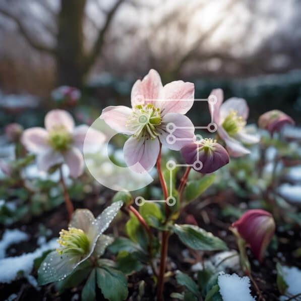 Intra Συλλεκτικό Ξύλινο Παζλ Plywood  4mm - Ομάδα ροζ λουλουδιών Hellebore στο χιόνι Σε Ξύλινο Κουτί - Διαστάσεις: 10x10 cm – 25 κομμάτια