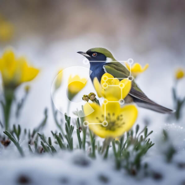 Intra Συλλεκτικό Ξύλινο Παζλ Plywood  4mm - Μπλε και πράσινο πουλί σκαρφαλωμένο στα κίτρινα λουλούδια στο χιόνι Σε Ξύλινο Κουτί - Διαστάσεις: 10x10 cm – 25 κομμάτια