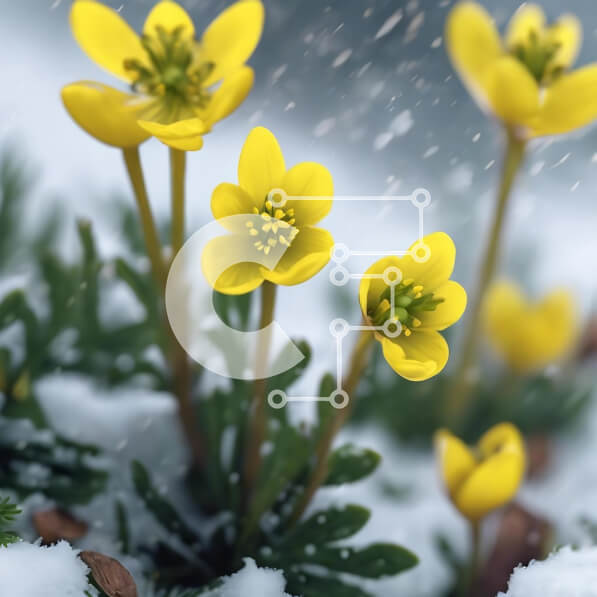 Intra Συλλεκτικό Ξύλινο Παζλ Plywood  4mm - Ομάδα κίτρινων λουλουδιών που ανθίζουν στο χιόνι Σε Ξύλινο Κουτί - Διαστάσεις: 10x10 cm – 25 κομμάτια