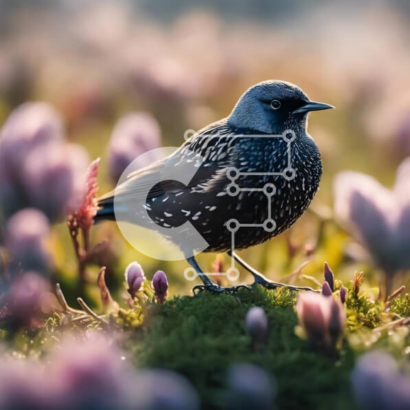 Intra Συλλεκτικό Ξύλινο Παζλ Plywood  4mm - Μαύρο πουλί σκαρφαλωμένο σε μωβ λουλούδια σε ένα χωράφι Σε Ξύλινο Κουτί - Διαστάσεις: 10x10 cm – 25 κομμάτια