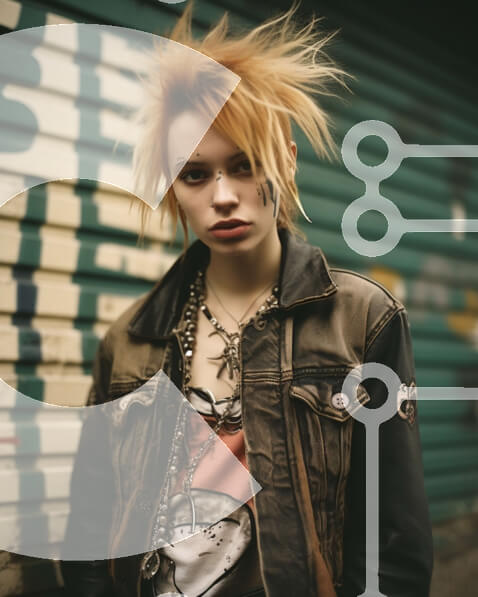 Intra Συλλεκτικό Ξύλινο Παζλ Plywood  4mm - Νεαρή γυναίκα με πορτοκαλί Mohawk μπροστά από τοίχους καλυμμένους με γκράφιτι Σε Ξύλινο Κουτί - Διαστάσεις Puzzle: 10x10 cm – 25 κομμάτια