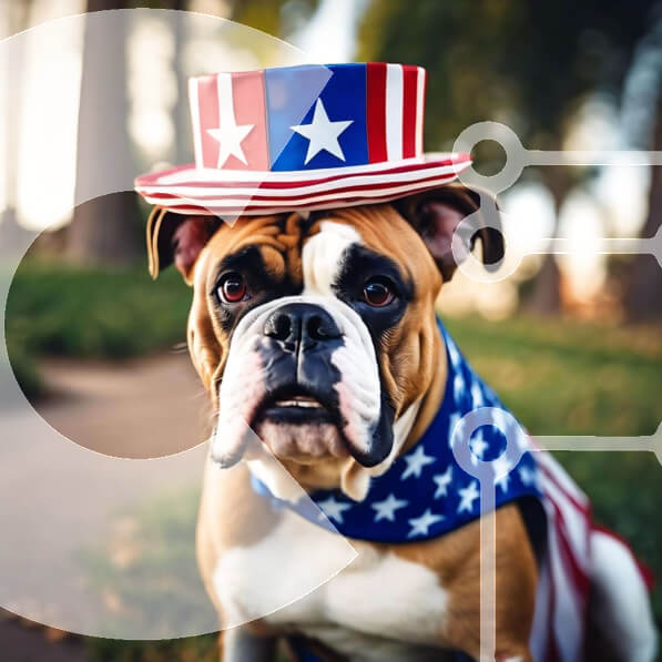 Intra Συλλεκτικό Ξύλινο Παζλ Plywood  4mm - Καφέ και λευκό σκυλί μπόξερ με καπέλο αμερικανικής σημαίας Σε Ξύλινο Κουτί - Διαστάσεις: 10x10 cm – 25 κομμάτια