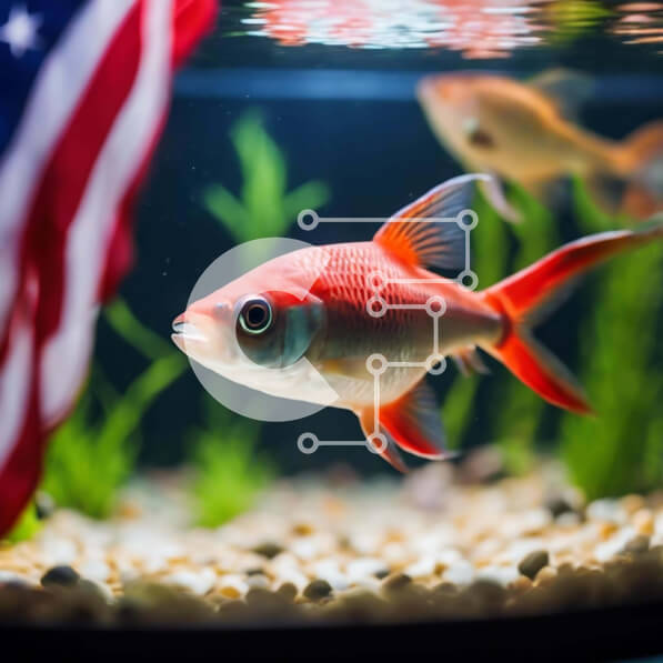 Intra Συλλεκτικό Ξύλινο Παζλ Plywood  4mm - Κόκκινα ψάρια που κολυμπούν στο ενυδρείο με αμερικανική σημαία Σε Ξύλινο Κουτί - Διαστάσεις: 10x10 cm – 25 κομμάτια