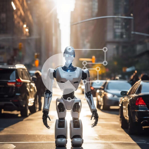 Intra Συλλεκτικό Ξύλινο Παζλ Plywood  4mm - Ρομπότ σε έναν αστικό δρόμο με αυτοκίνητα και πεζούς Σε Ξύλινο Κουτί - Διαστάσεις Puzzle: 10x10 cm – 25 κομμάτια