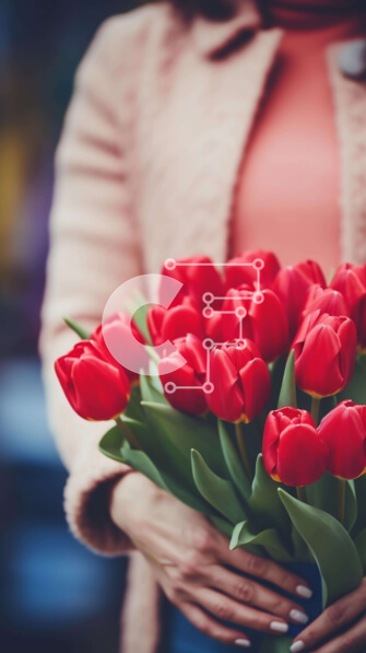 Intra Συλλεκτικό Ξύλινο Παζλ Plywood  4mm - Γυναίκα που κρατά μπουκέτο με κόκκινες τουλίπες και άλλα λουλούδια Σε Ξύλινο Κουτί - Διαστάσεις Puzzle: 10x10 cm – 25 κομμάτια