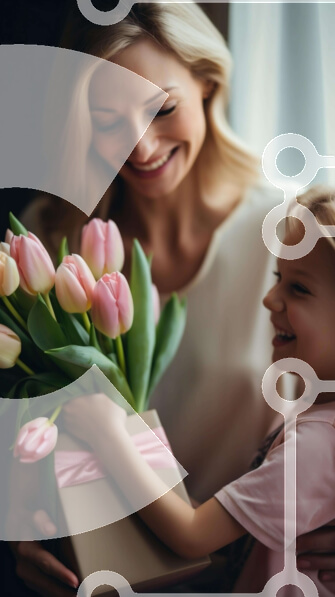 Intra Συλλεκτικό Ξύλινο Παζλ Plywood  4mm - Μητέρα και κόρη που χαμογελούν με δώρο ροζ τουλίπες Σε Ξύλινο Κουτί - Διαστάσεις Puzzle: 10x10 cm – 25 κομμάτια