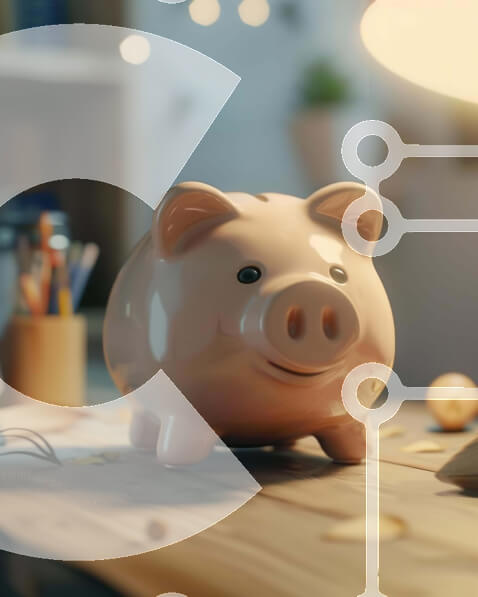 Intra Συλλεκτικό Ξύλινο Παζλ Plywood  4mm - Ροζ κουμπαράς σε ξύλινο τραπέζι με φορητό υπολογιστή και βιβλία Σε Ξύλινο Κουτί - Διαστάσεις Puzzle: 10x10 cm – 25 κομμάτια