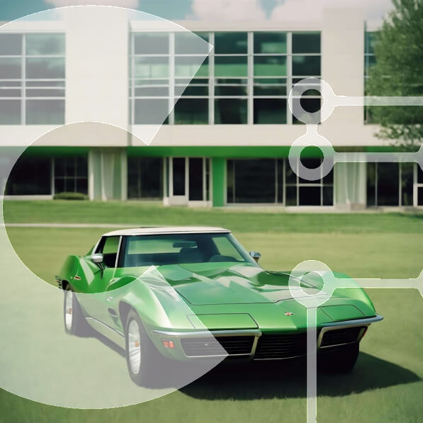 Intra Συλλεκτικό Ξύλινο Παζλ Plywood  4mm - Green Sports Car παρκαρισμένο μπροστά από το κτίριο γραφείων Σε Ξύλινο Κουτί - Διαστάσεις Puzzle: 10x10 cm – 25 κομμάτια