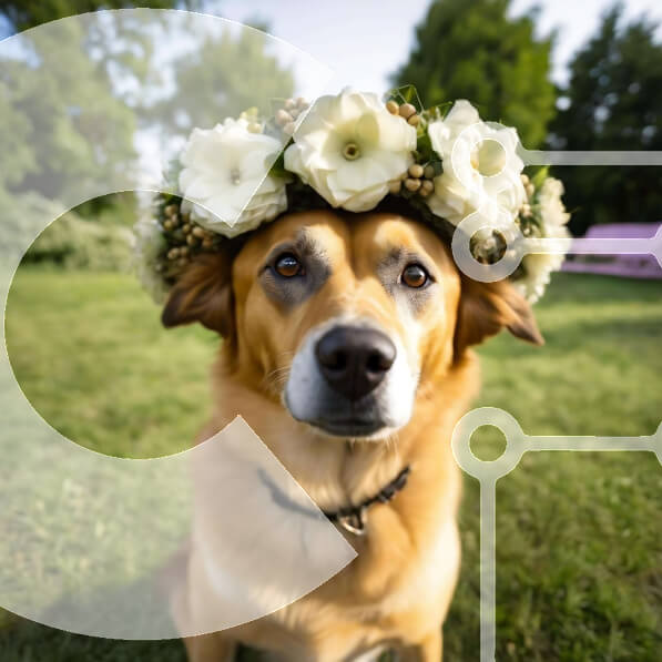 Intra Συλλεκτικό Ξύλινο Παζλ Plywood  4mm - Καφέ σκυλί με λουλουδάτη σύνθεση στο κεφάλι στο γρασίδι Σε Ξύλινο Κουτί - Διαστάσεις: 10x10 cm – 25 κομμάτια