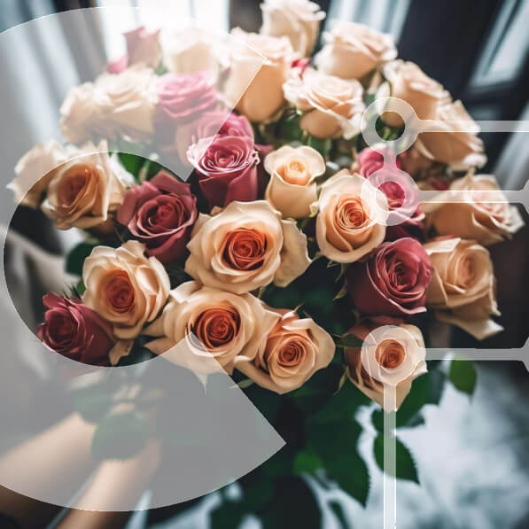 Σετ των 2 Intra Συλλεκτικό Ξύλινο Παζλ Plywood  4mm - Μπουκέτο με ροζ, λευκά και ροδακινί τριαντάφυλλα στα χέρια κάποιου Σε Ξύλινο Κουτί - Διαστάσεις: 10x10 cm – 25 κομμάτια