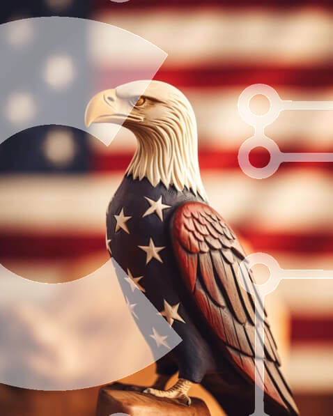 Σετ των 2 Intra Συλλεκτικό Ξύλινο Παζλ Plywood  4mm - Άγαλμα αετού μπροστά από την αμερικανική σημαία Σε Ξύλινο Κουτί - Διαστάσεις: 10x10 cm – 25 κομμάτια