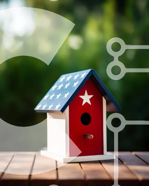 Intra Συλλεκτικό Ξύλινο Παζλ Plywood  4mm - Κόκκινο, λευκό και μπλε Birdhouse με χρώματα αμερικανικής σημαίας Σε Ξύλινο Κουτί - Διαστάσεις: 10x10 cm – 25 κομμάτια