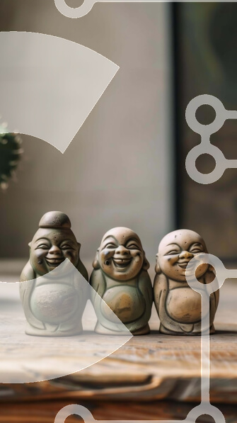 Intra Συλλεκτικό Ξύλινο Παζλ Plywood  4mm - Τρία χαρούμενα αγάλματα του Βούδα σε ξύλινο τραπέζι Σε Ξύλινο Κουτί - Διαστάσεις Puzzle: 10x10 cm – 25 κομμάτια