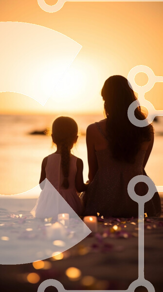 Intra Συλλεκτικό Ξύλινο Παζλ Plywood  4mm - Μητέρα και κόρη που απολαμβάνουν το ηλιοβασίλεμα στην παραλία Σε Ξύλινο Κουτί - Διαστάσεις Puzzle: 10x10 cm – 25 κομμάτια