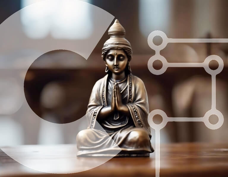 Intra Συλλεκτικό Ξύλινο Παζλ Plywood  4mm - Χάλκινο άγαλμα του Βούδα στο τραπέζι βελανιδιάς Σε Ξύλινο Κουτί - Διαστάσεις Puzzle: 10x10 cm – 25 κομμάτια