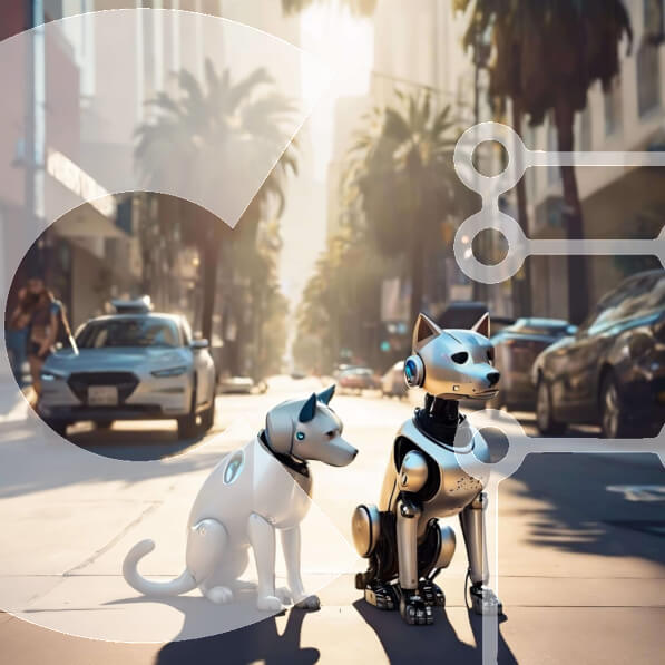 Intra Συλλεκτικό Ξύλινο Παζλ Plywood  4mm - Ρομπότ σκυλιά στην οδό της πόλης με αυτοκίνητα στο παρασκήνιο Σε Ξύλινο Κουτί - Διαστάσεις Puzzle: 10x10 cm – 25 κομμάτια