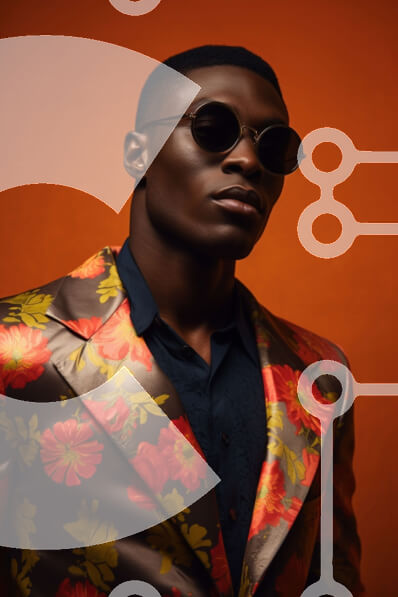 Intra Συλλεκτικό Ξύλινο Παζλ Plywood  4mm - Κομψός μαύρος με πορτοκαλί φλοράλ κοστούμι και γυαλιά ηλίου Σε Ξύλινο Κουτί - Διαστάσεις Puzzle: 10x10 cm – 25 κομμάτια